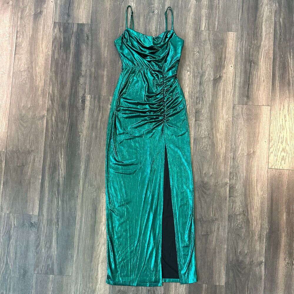 Emerald Green Metallic Maxi Dress Thigh High Leg Slit Ruching Drape Neck Sz 5/6
